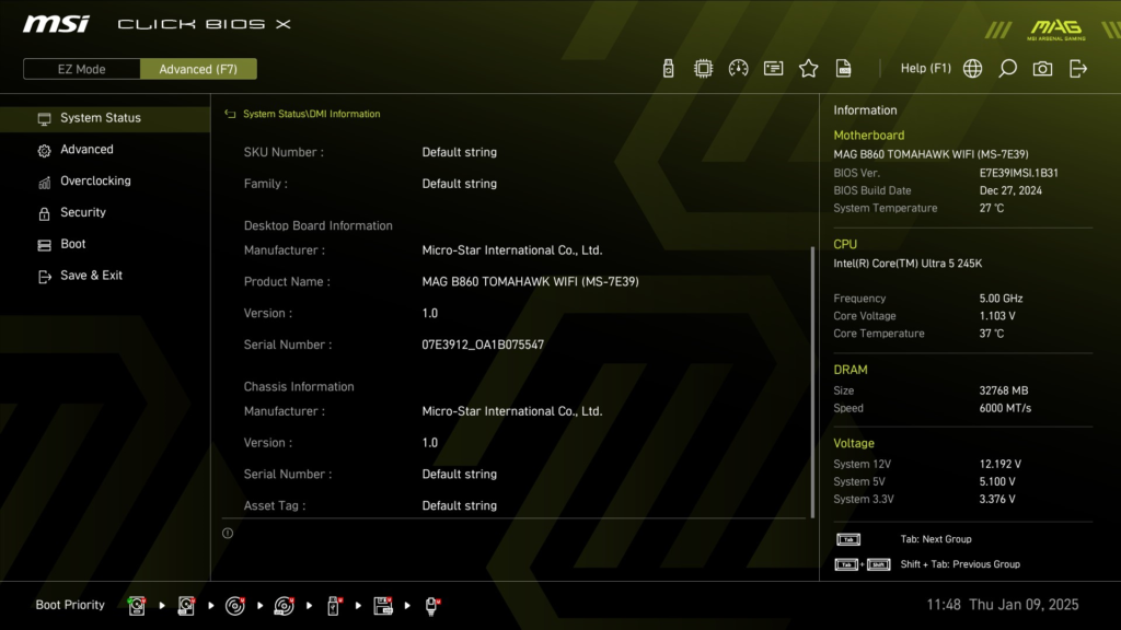 MSI MAG B860 TOMAHAWK WiFi : BIOS screenshot