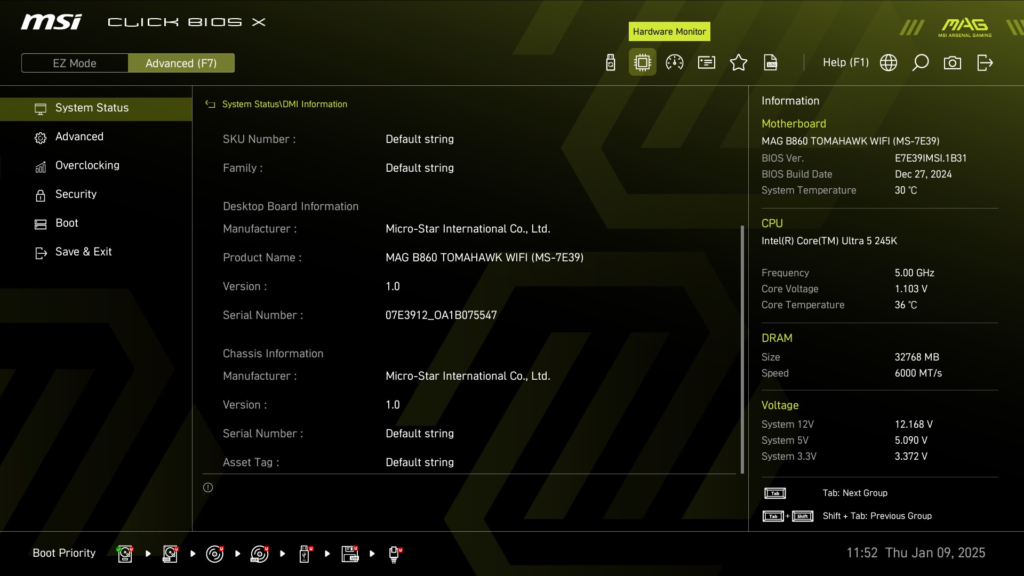 MSI MAG B860 TOMAHAWK WiFi : BIOS screenshot