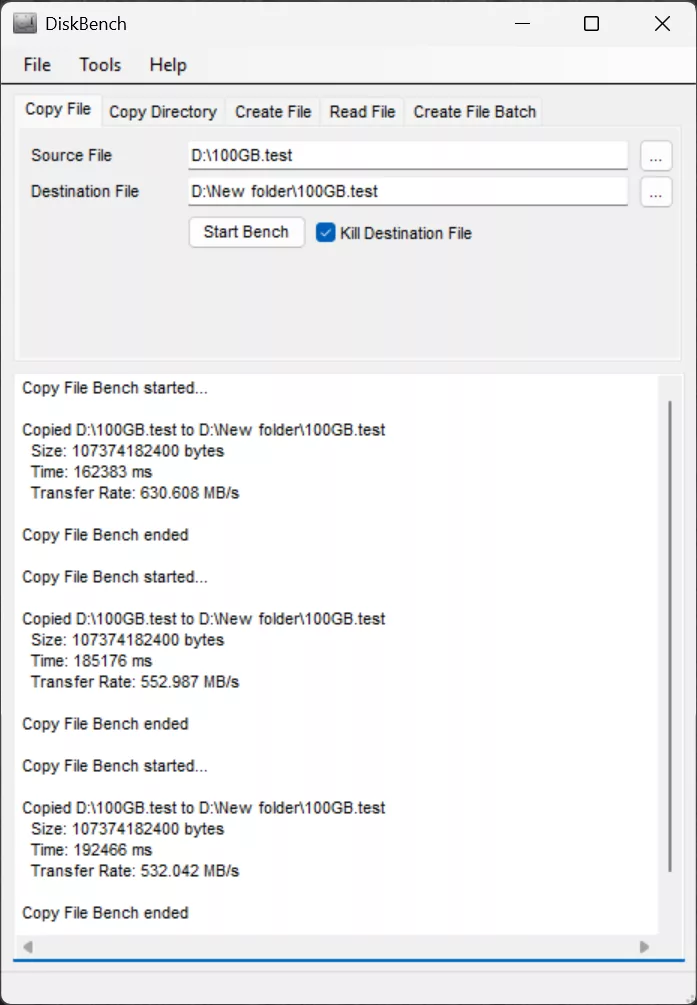 DiskBench 100GB File Copy Screenshot