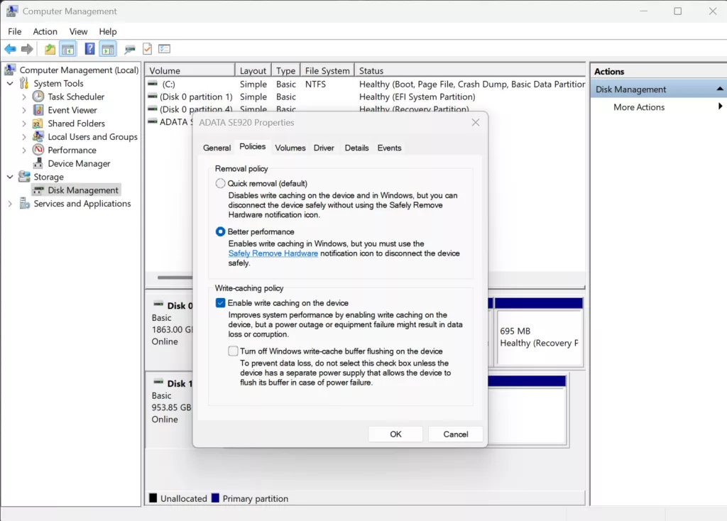 Windows 11 Disk Management Properties Policies Screenshot