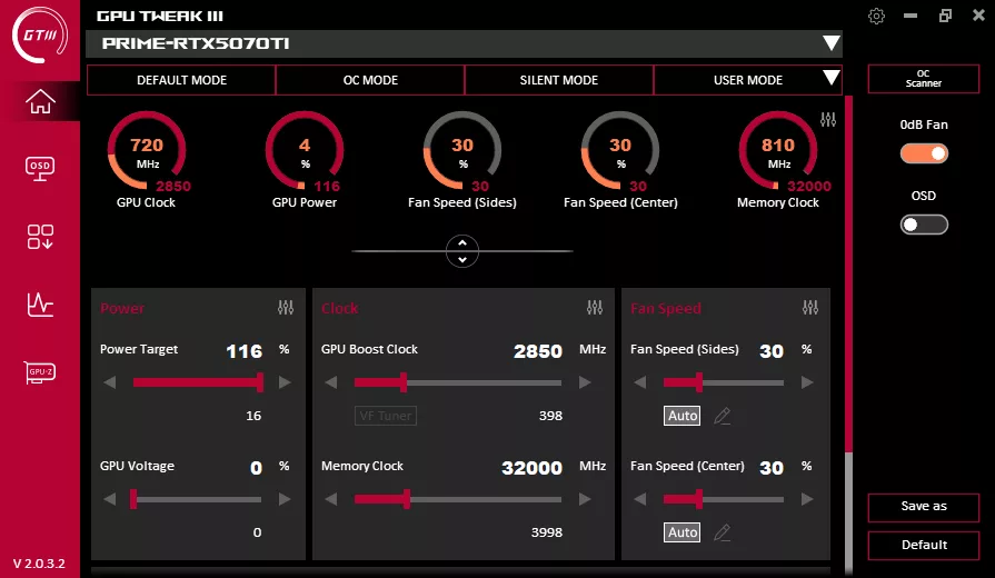 Maximum Overclock ASUS GPU Tweak III GeForce RTX 5070 Ti Screenshot