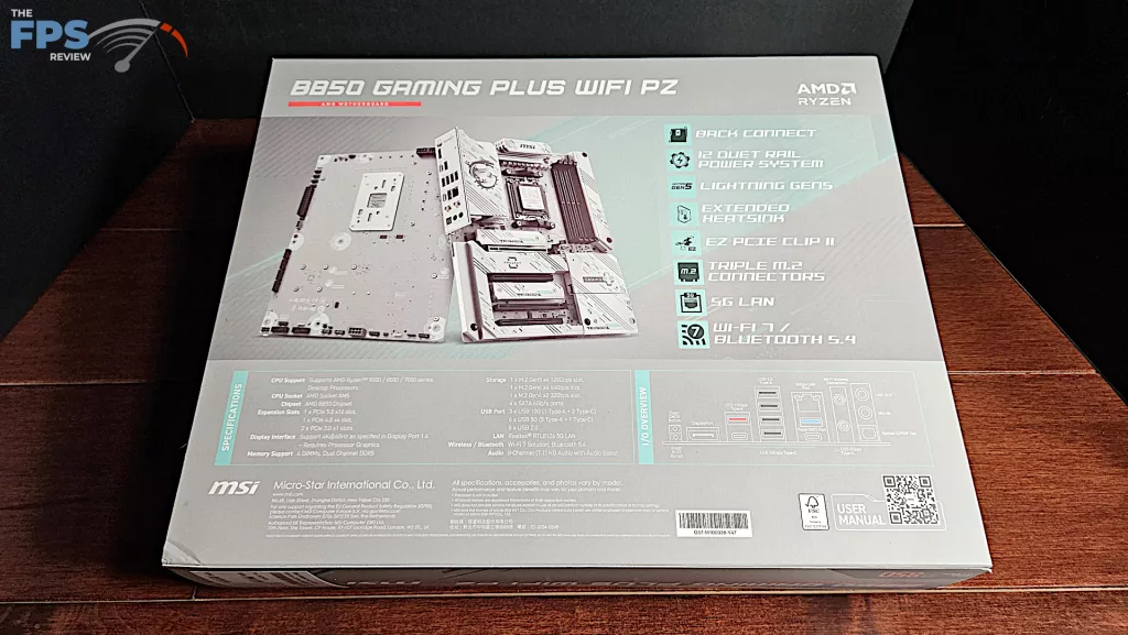 MSI B850 GAMING PLUS WiFi PZ motherboard: box back