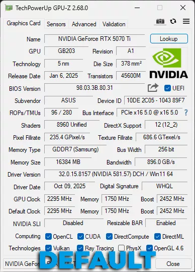 Default GPU-Z Screenshot GeForce RTX 5070 Ti