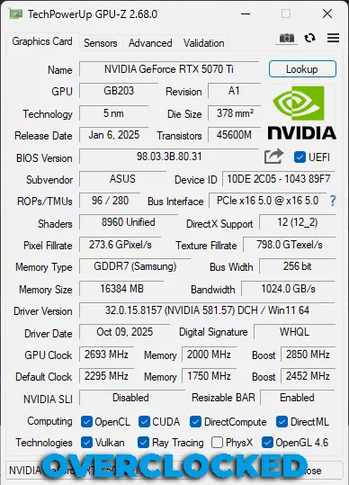 Overclocked GPU-Z Screenshot GeForce RTX 5070 Ti