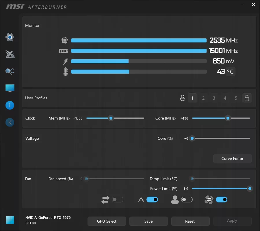 NVIDIA GeForce RTX 5070 Founders Edition Alternative Highest Stable Overclock Without Voltage MSI Afterburner Screenshot