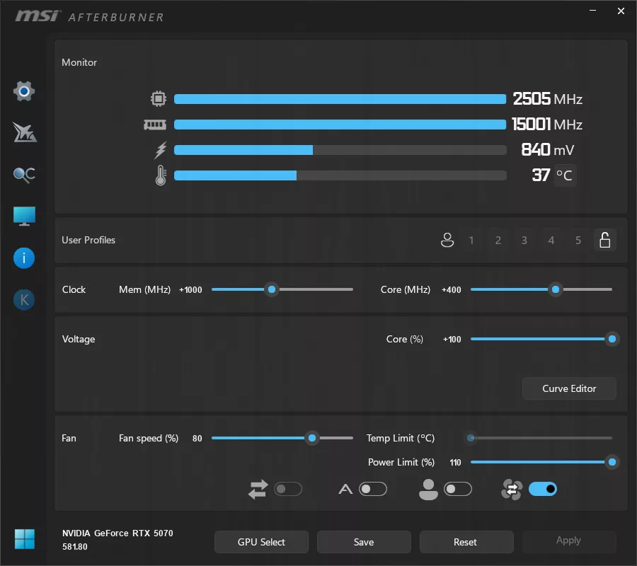 NVIDIA GeForce RTX 5070 Founders Edition Highest Stable Overclock With +100 Voltage MSI Afterburner Screenshot