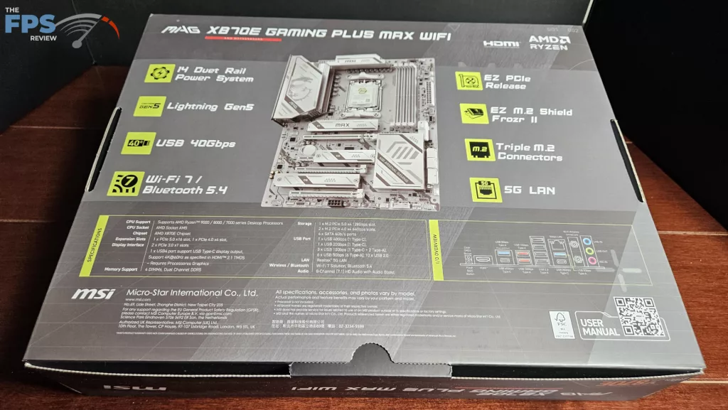 MSI MAG X870E GAMING PLUS MAX WiFi motherboard: box back