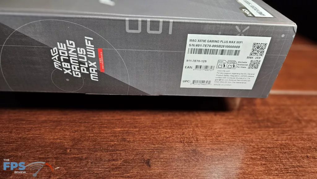 MSI MAG X870E GAMING PLUS MAX WiFi motherboard: box label